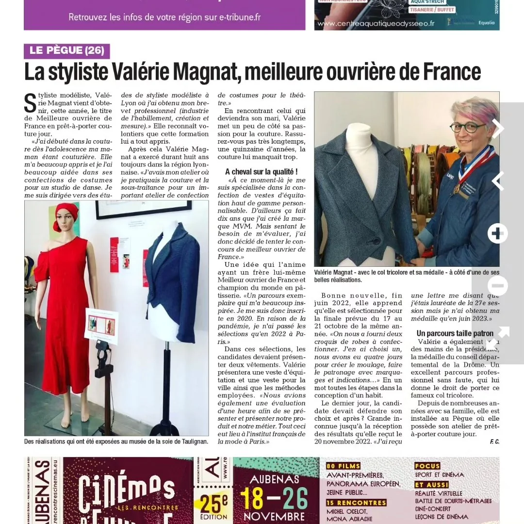 Coupure de presse locale titrée « La styliste Valérie Magnat, meilleure ouvrière de France ».