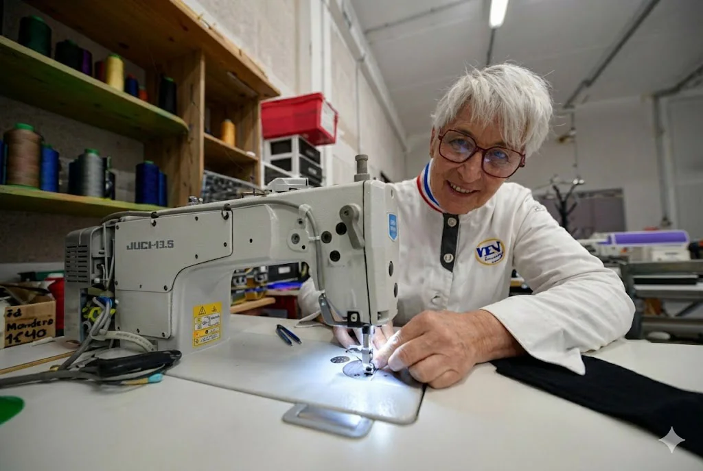 Valérie Magnat, col tricolore de Meilleur Ouvrier de France, guide un tissu sous l'aiguille d'une piqueuse industrielle.
